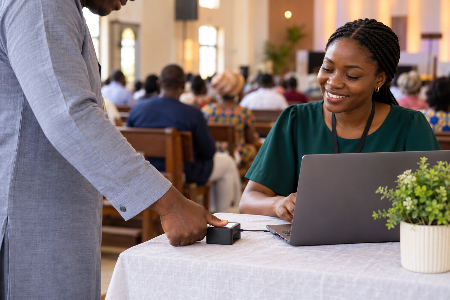 Church member using a fingerprint scanner to mark attendance at a welcome desk